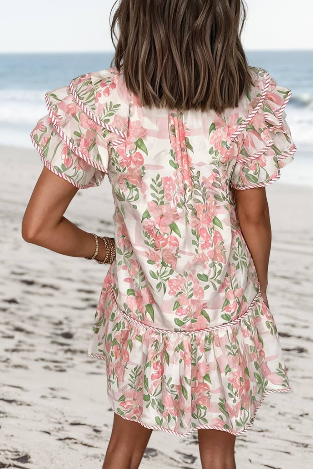 Floral Contrast Edge Tied Neck Mini Dress
