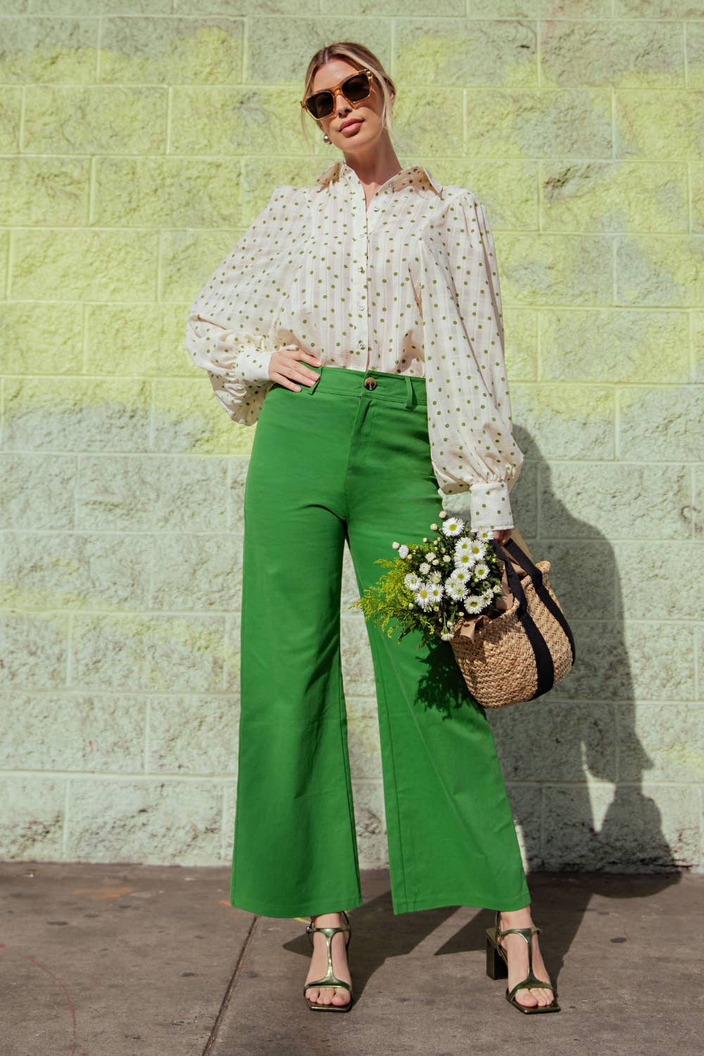 Glam High-Waist Straight Pants: Green
