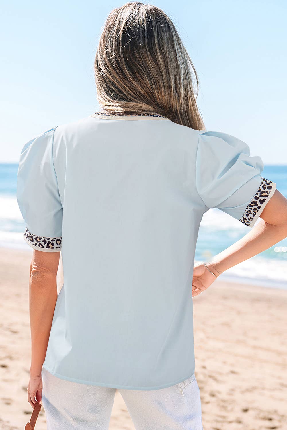 Pale Blue Leopard Trim Puff Sleeve