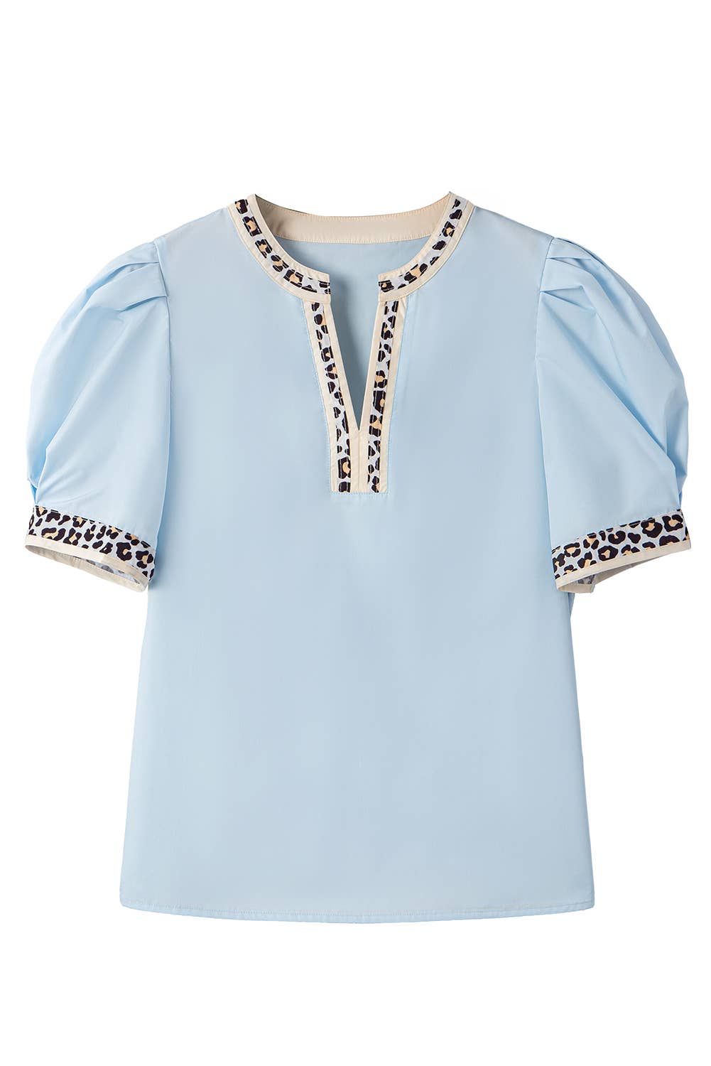 Pale Blue Leopard Trim Puff Sleeve
