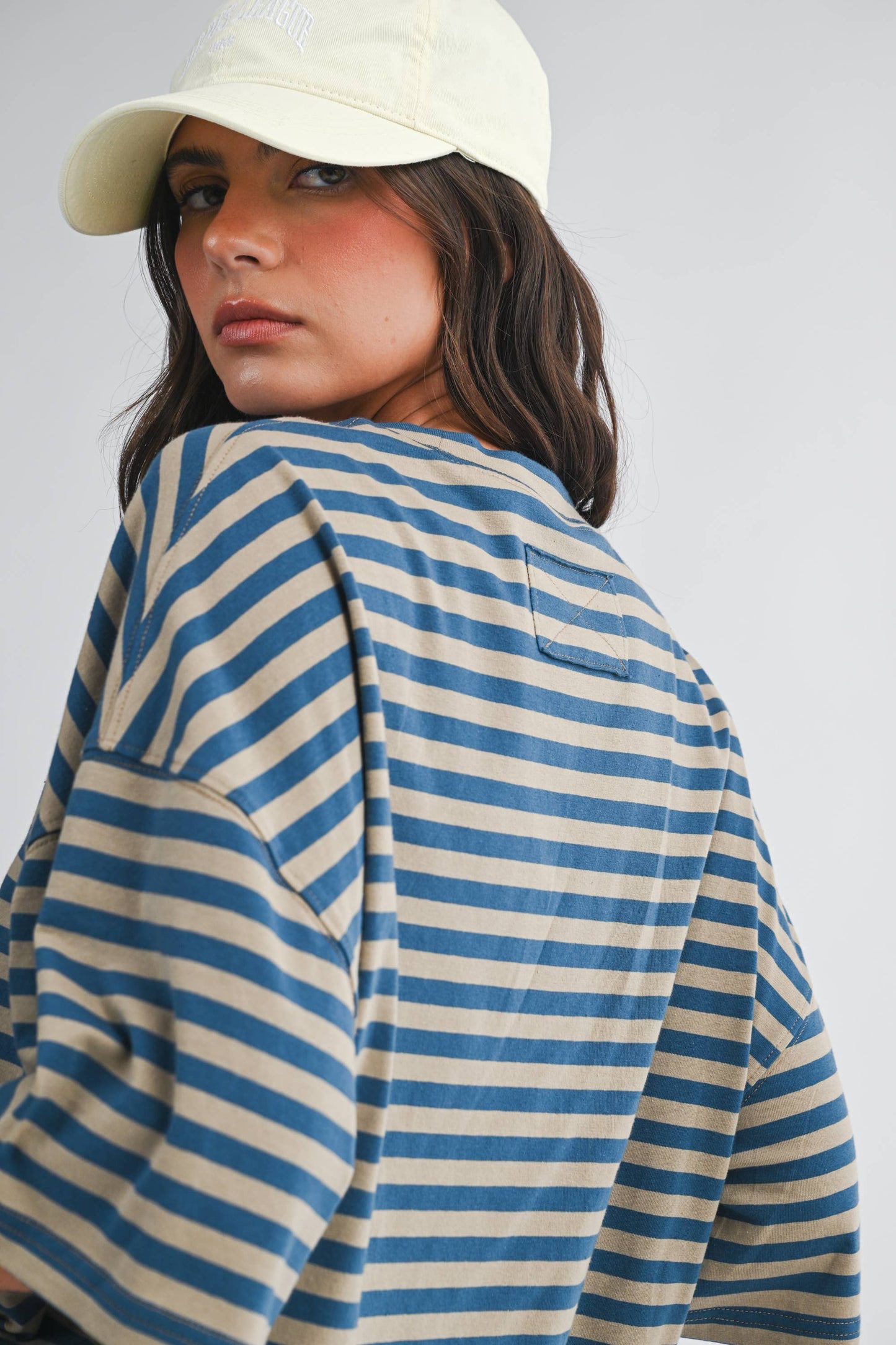 Oversized Stripe Boyfriend Tee Tan