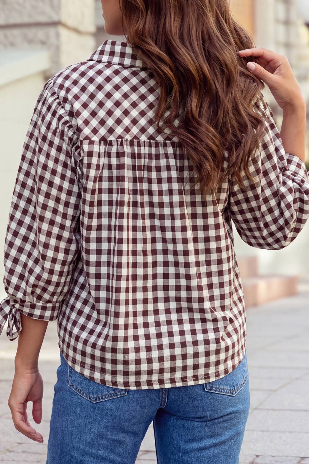 Brown Gingham Ruffle Front Top