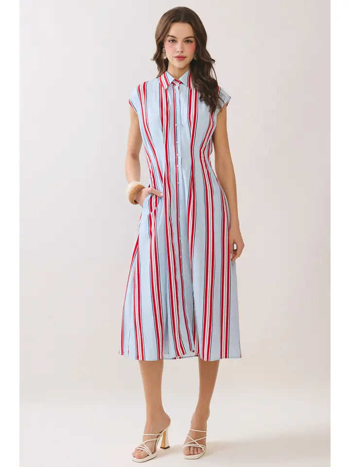 TCEC Striped Button Down Midi Dress
