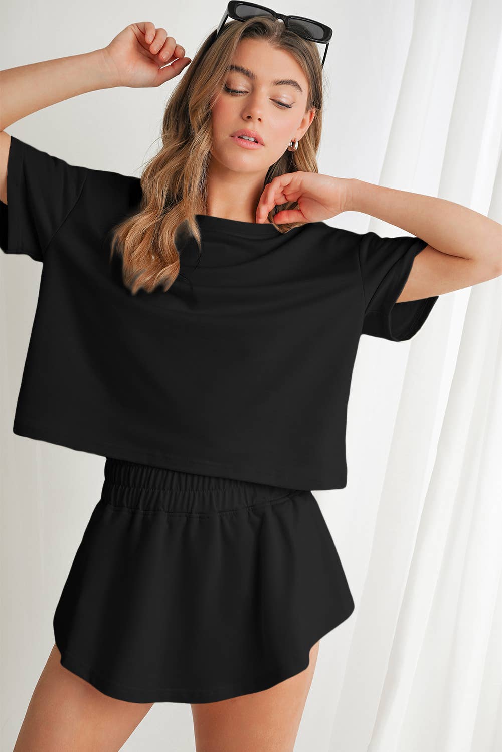 Cropped Tee& Ruffled High Waist Set Black
