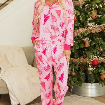 Pink Christmas Tree Henley PJ Set