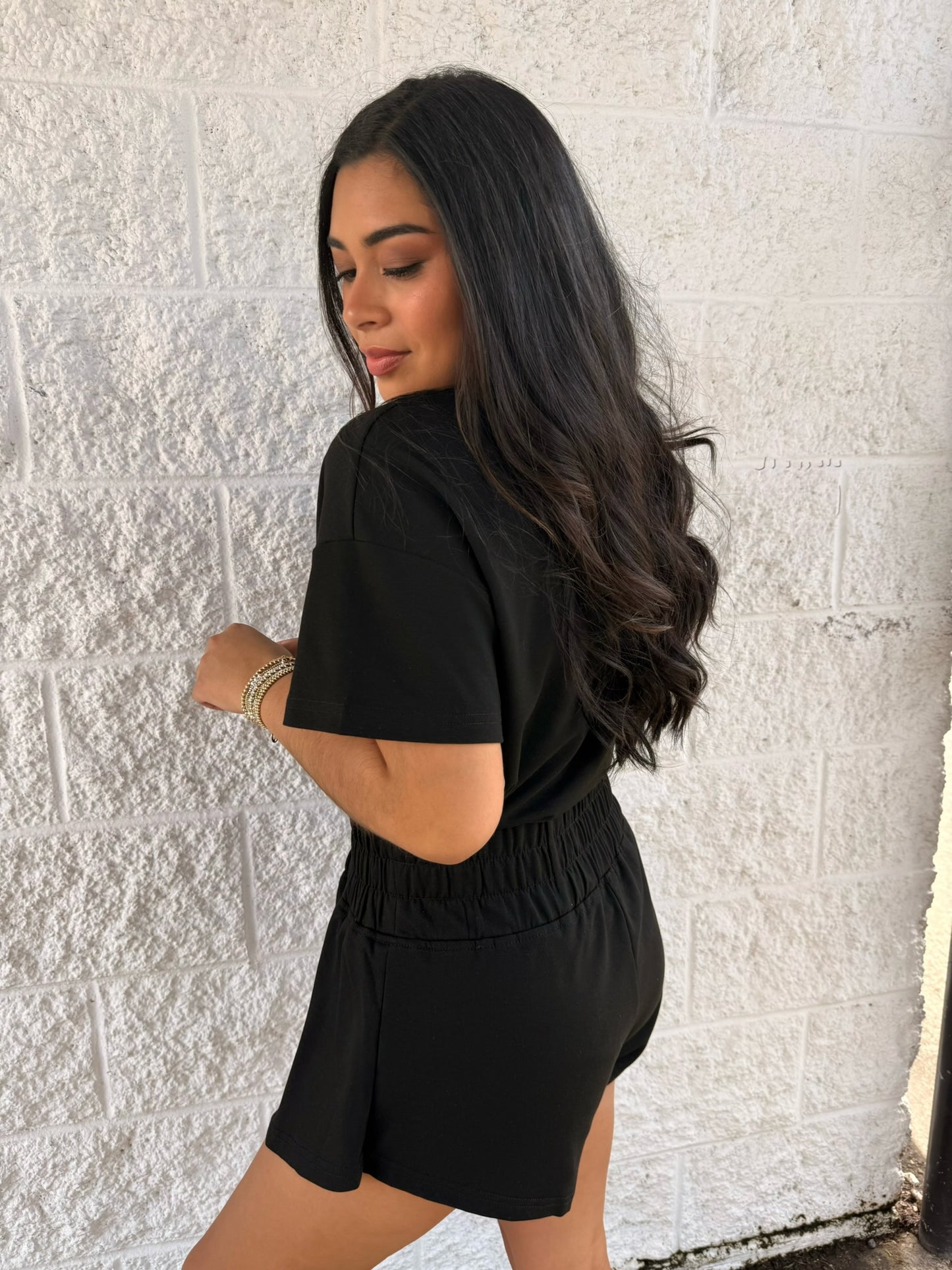 Cropped Tee& Ruffled High Waist Set Black