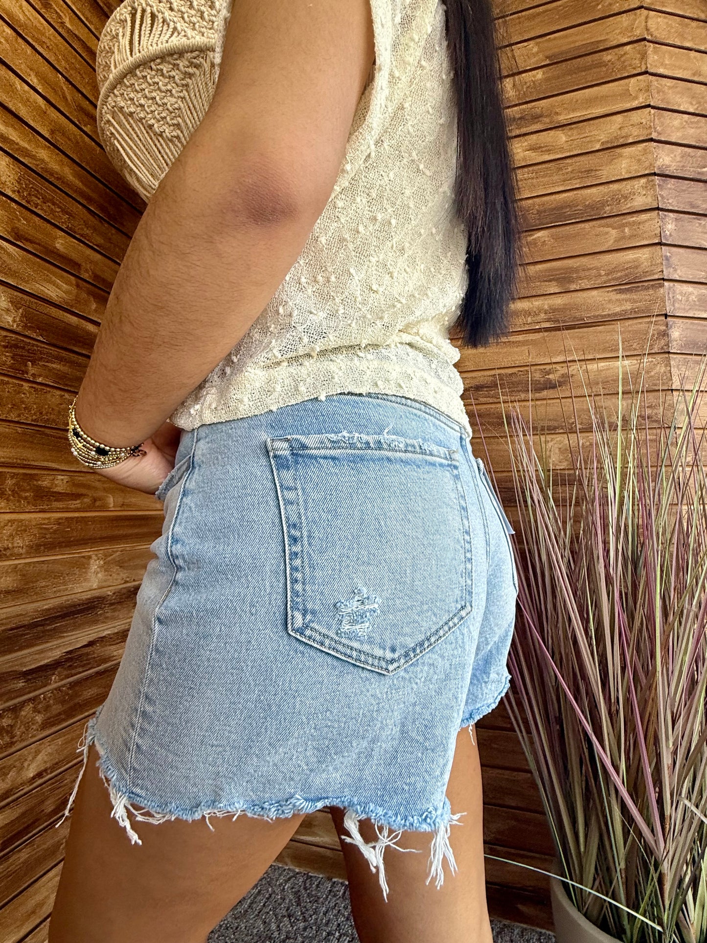 High Rise Distressed Hem A Line Shorts Vervet