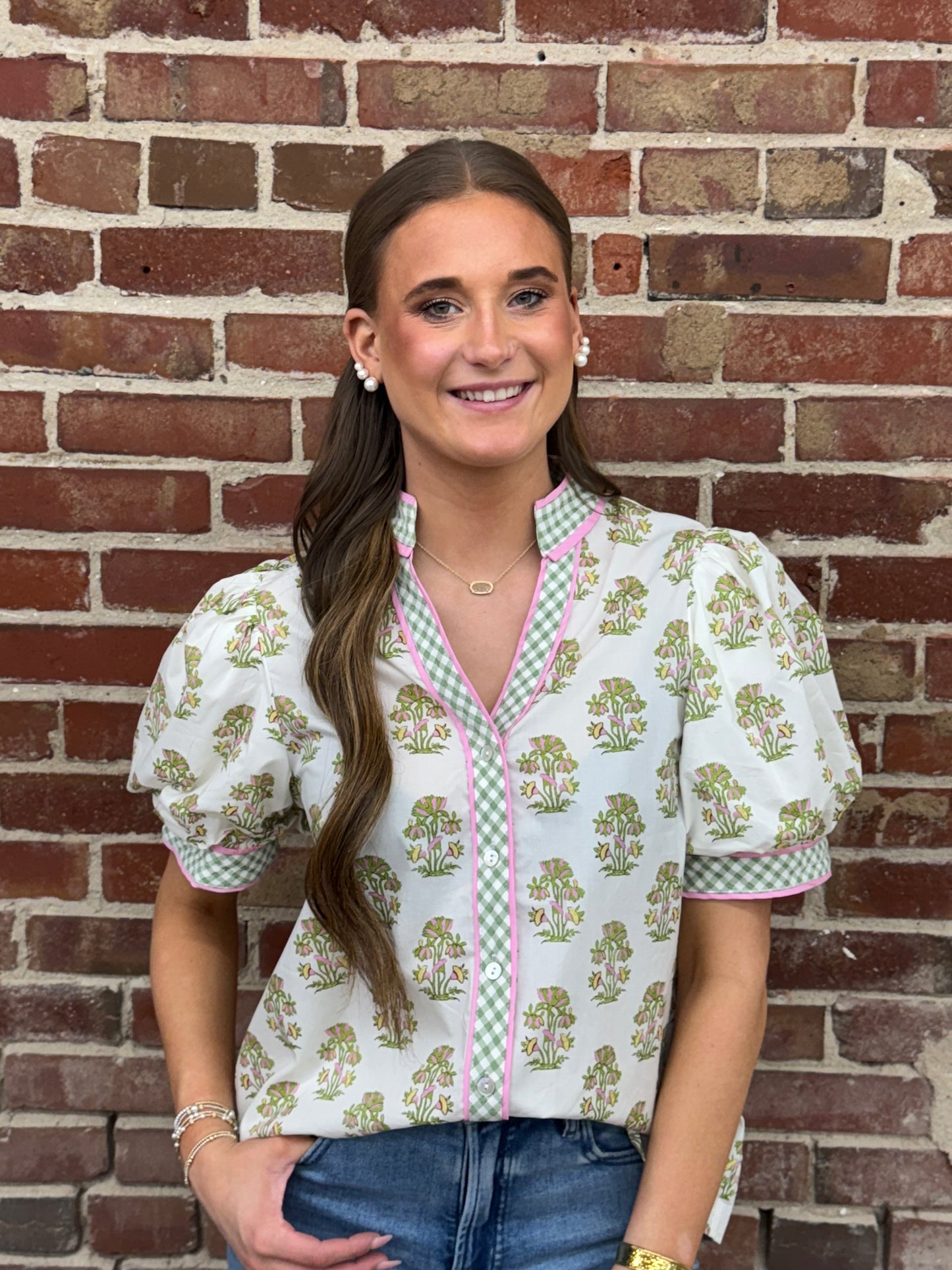 Entro Cream Top Green Gingham Trim