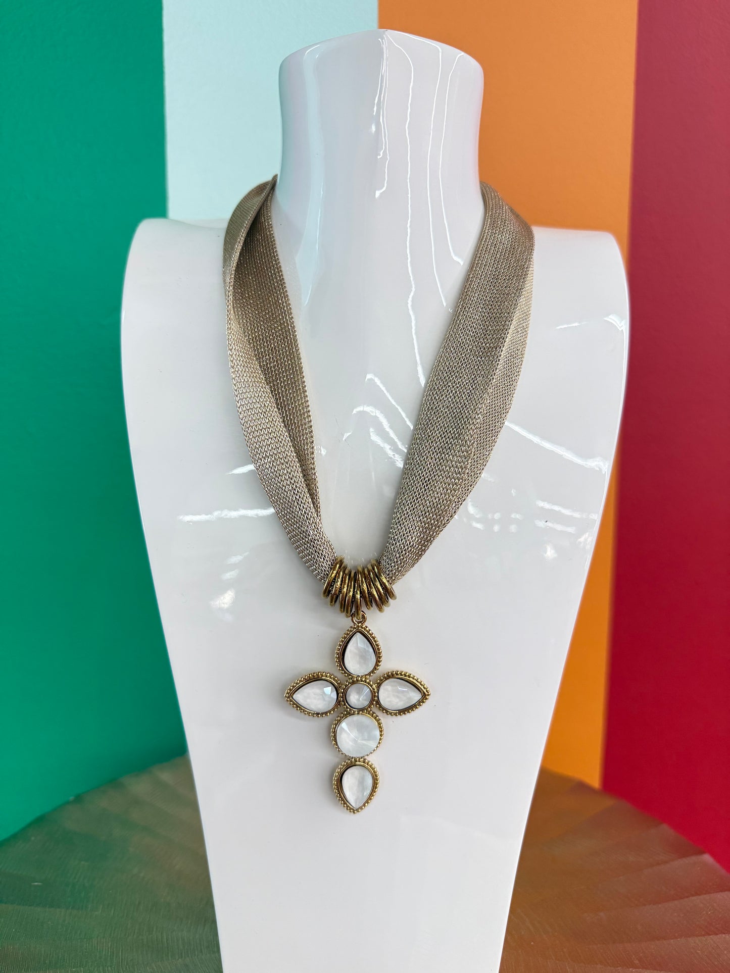 HD Gold Mesh with Jeweled Cross Necklace