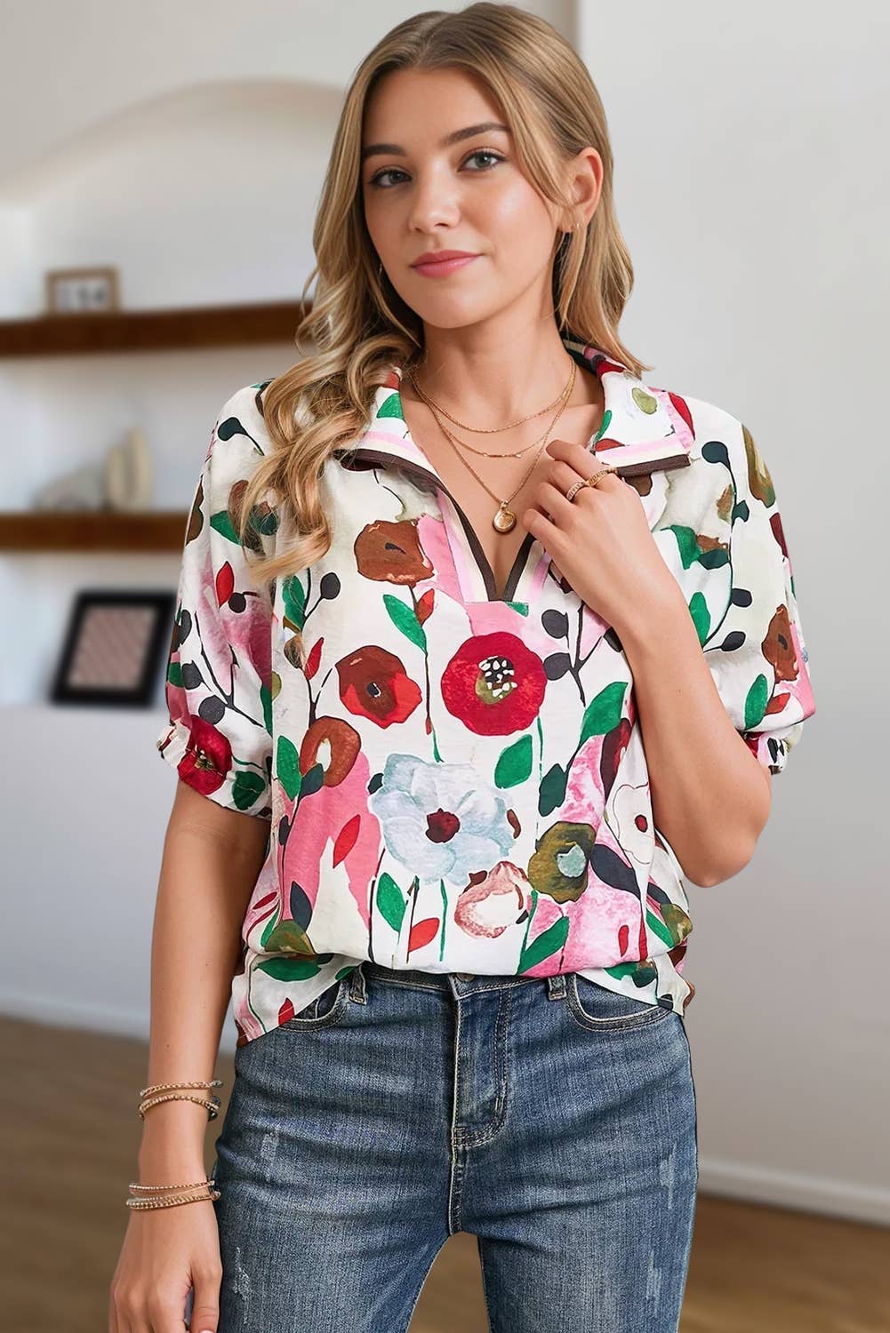 Floral Print V Neck Blouse