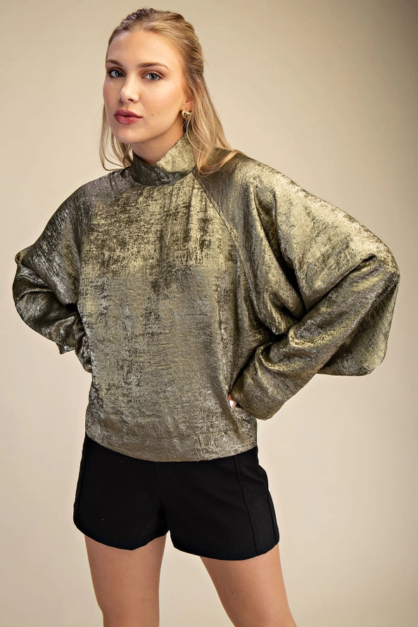 GLAM Mock Neck Oversized Raglan Olive Top