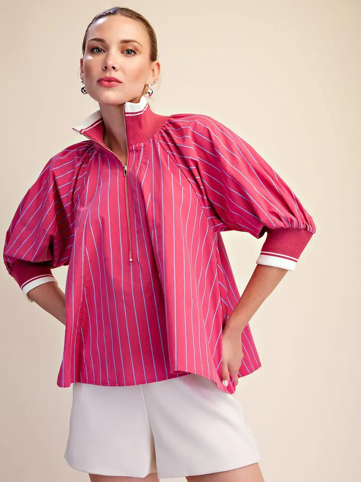 GLAM 1/4 Zip Pink Stripe Puff Sleeve