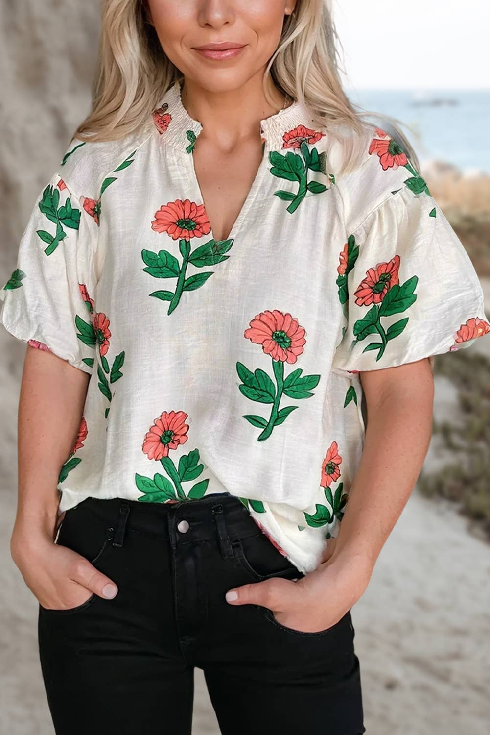 Pink Daisy Split Neck Top