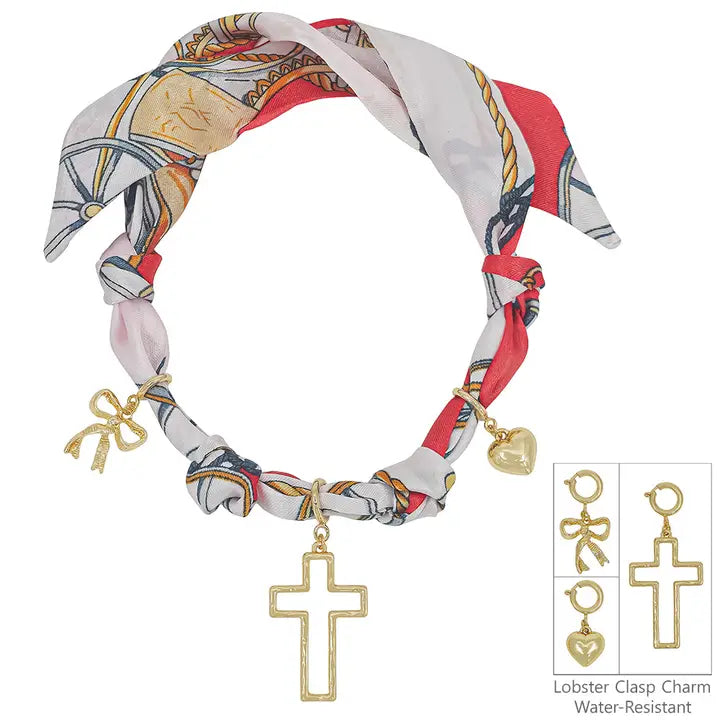 Scarf Necklace Heart, Opem Cross, & Bow Charm