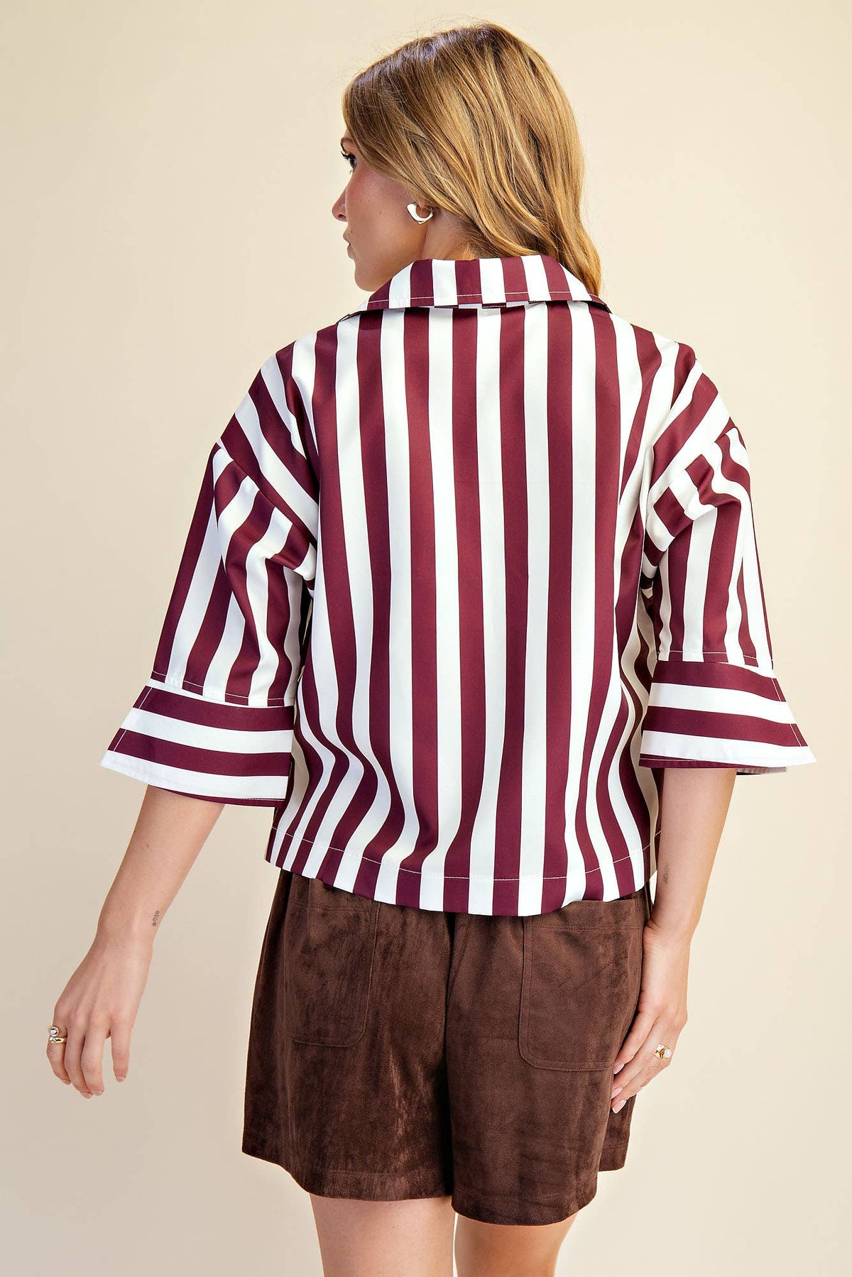 Glam Collared Stripe Top Wine
