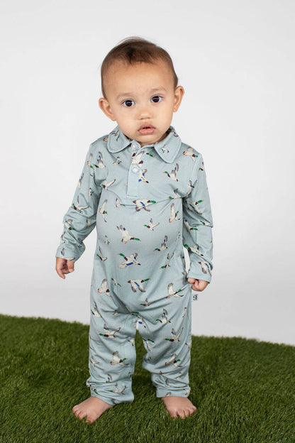 Goosies Mallards / Ducks - Long Sleeve Polo Romper: 6-12 MONTH