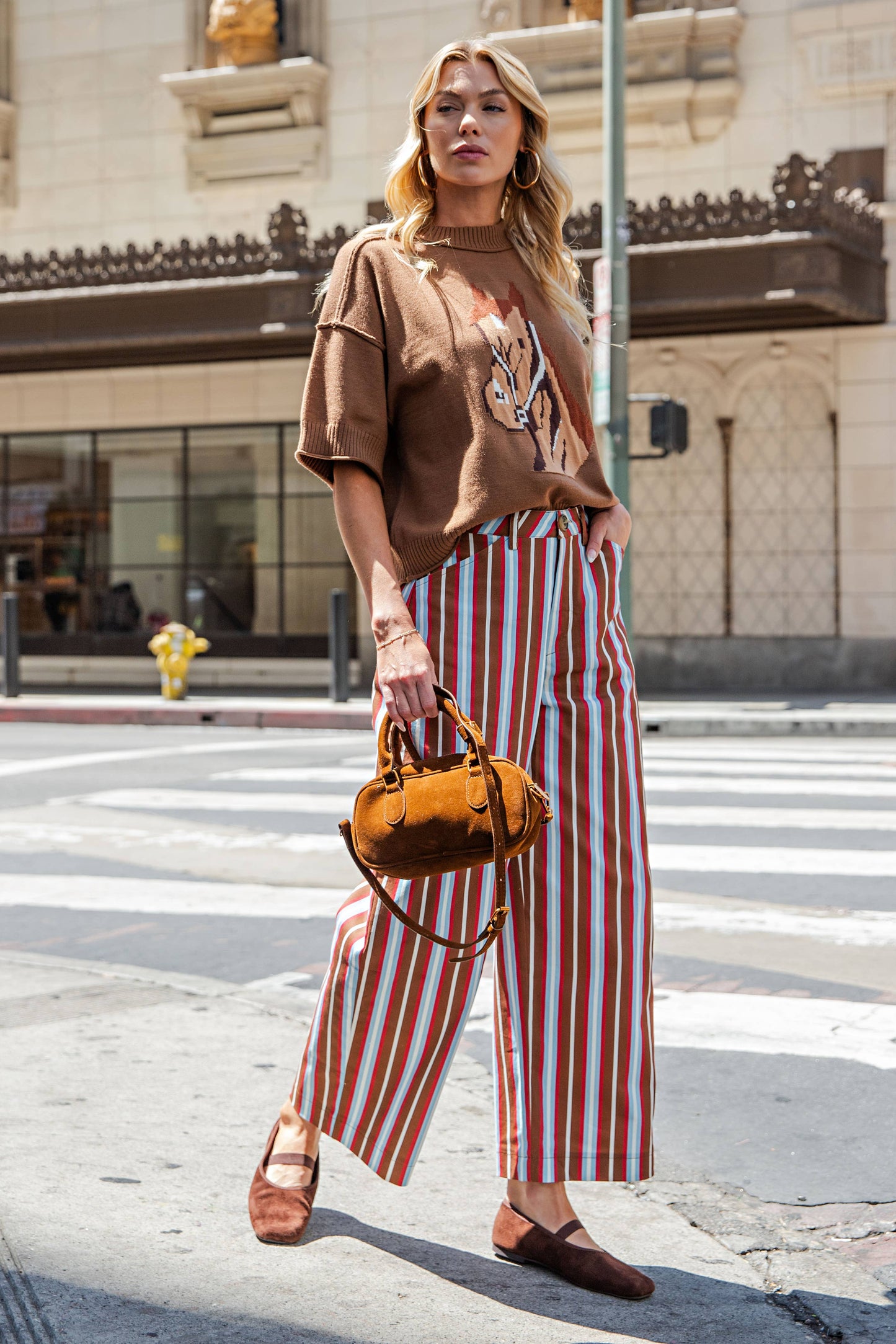Barrel Leg Stripe Pants Camel/Blue
