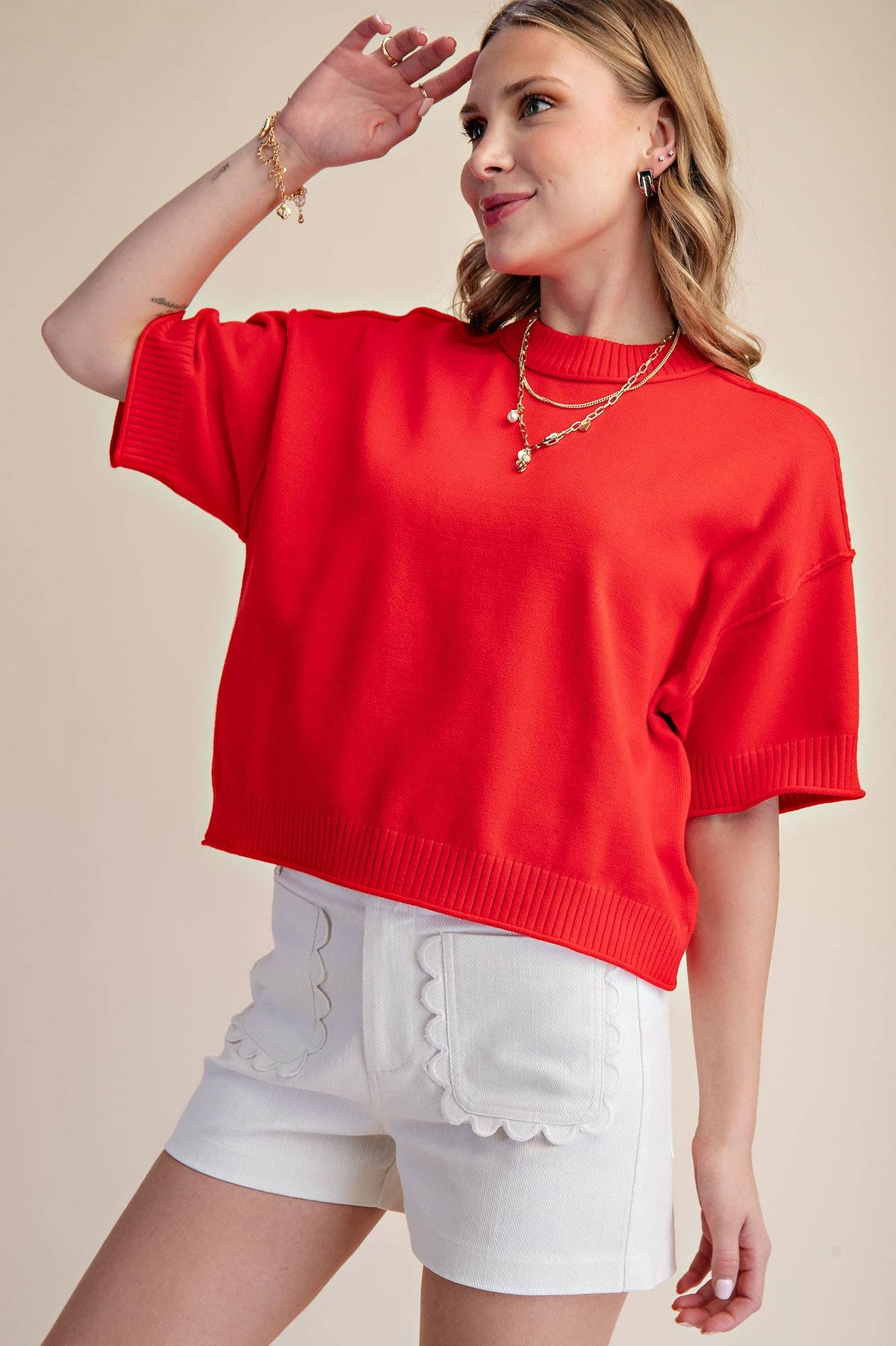 Glam Sweater Elbow Length Sleeves Red