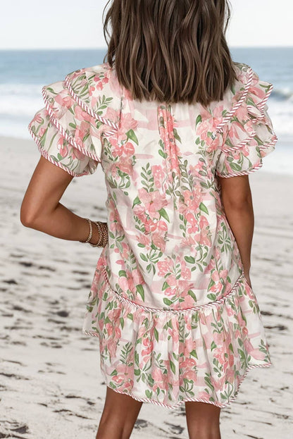 Floral Contrast Edge Tied Neck Mini Dress