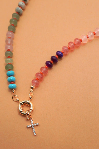 NATURAL STONE CHARM  SPRING CLASP BEADED NECKLACE | 40NK9467: B
