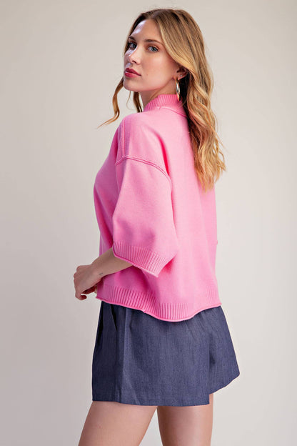 Mock Neck 3/4 Sleeve Sweater Pink