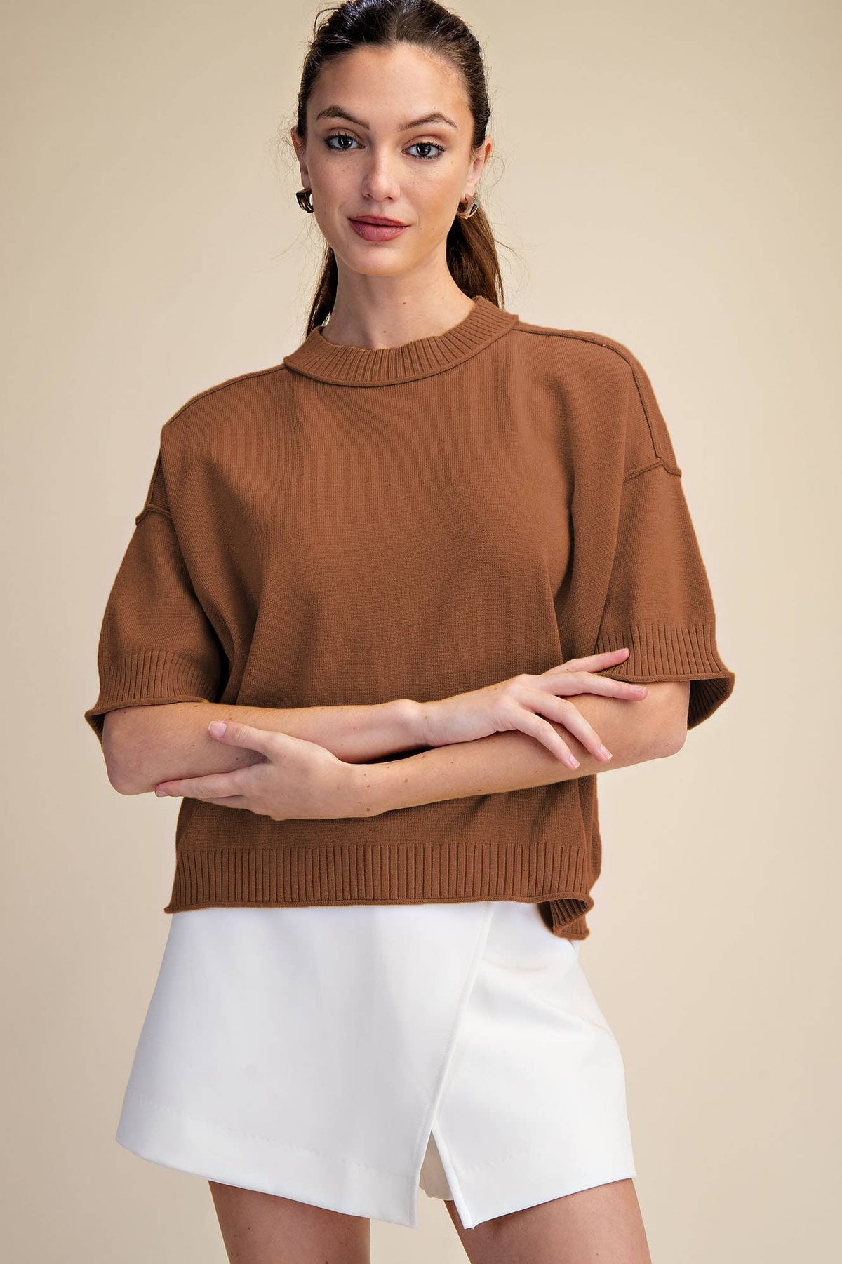 Glam Sweater Elbow-Length Sleeves Camel