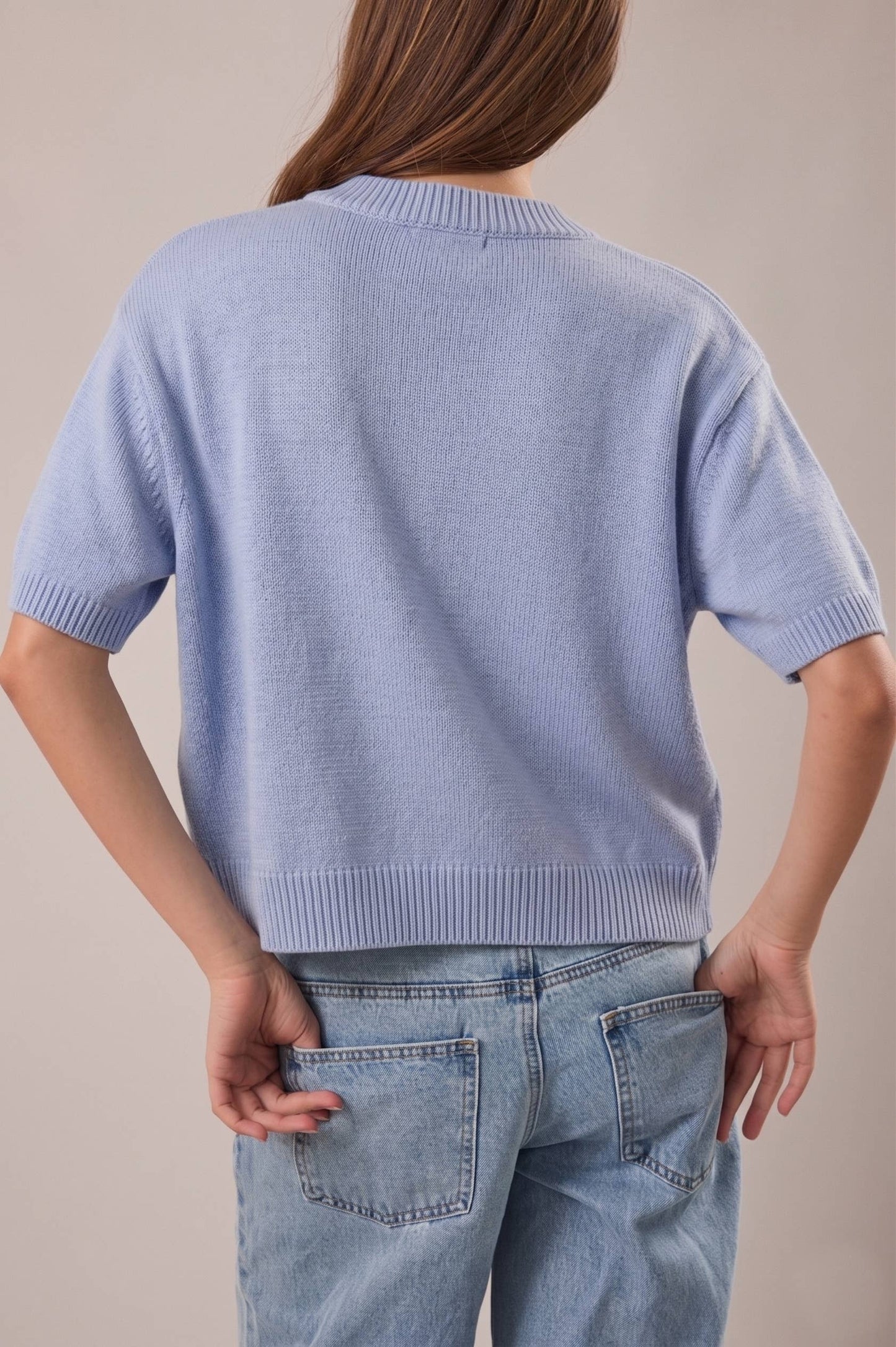 Le-Lis SHORT SLEEVE CARDIGAN: LT BLUE