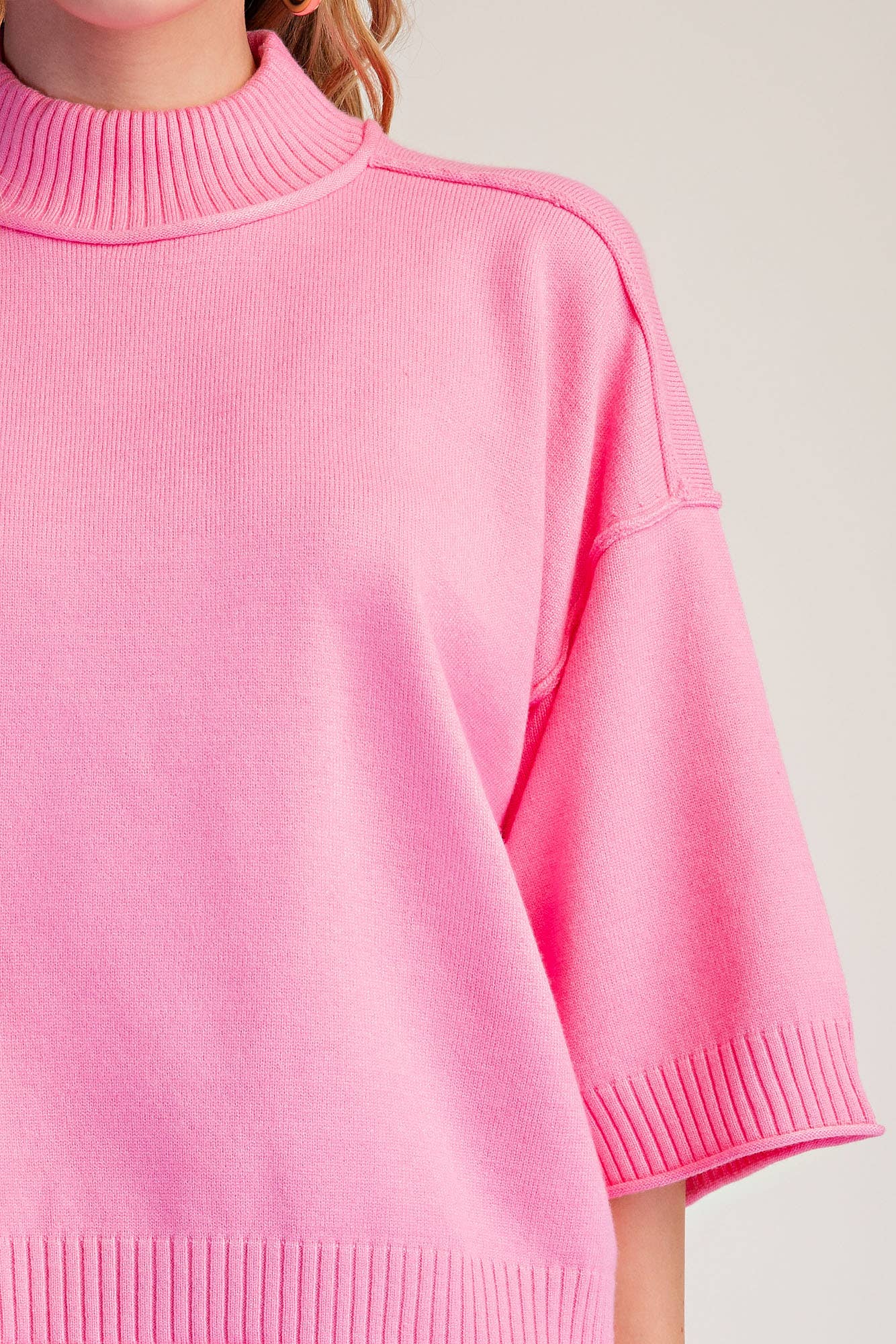 Mock Neck 3/4 Sleeve Sweater Pink