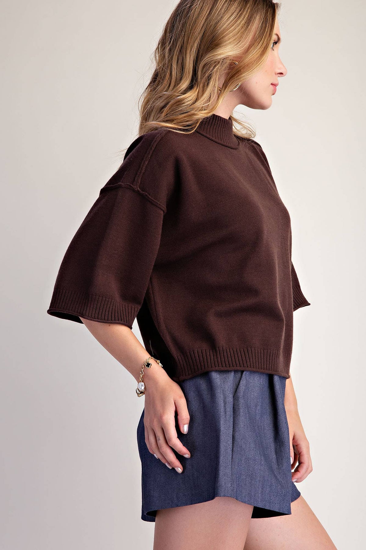 Glam Mockneck 3/4 Sleeve Sweater Brown