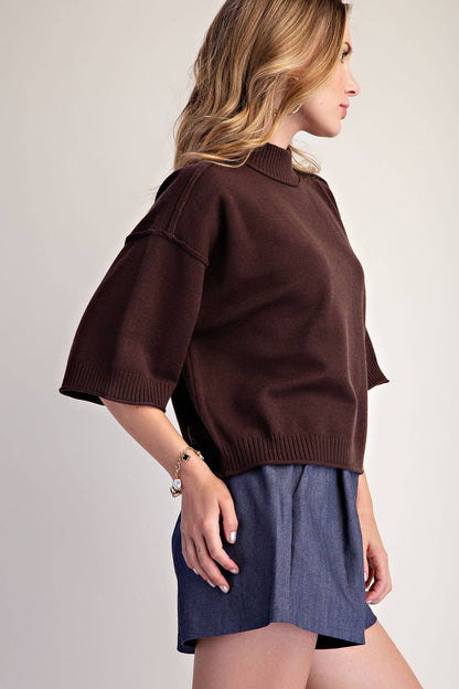 Glam Mockneck 3/4 Sleeve Sweater Brown