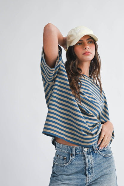 Oversized Stripe Boyfriend Tee Tan