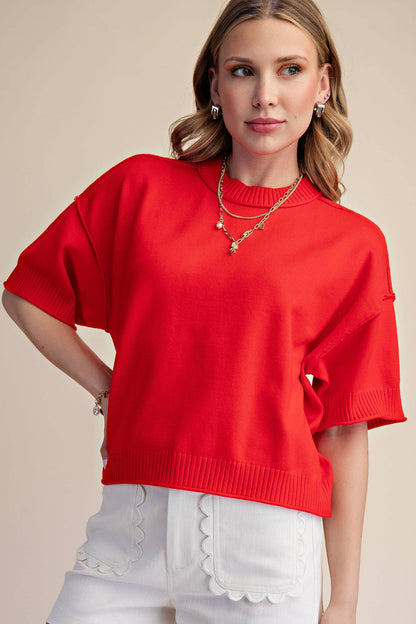 Glam Sweater Elbow Length Sleeves Red