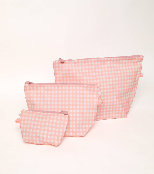 Pink Gingham Easy Clean Wipeable Pouch (Set of 3)