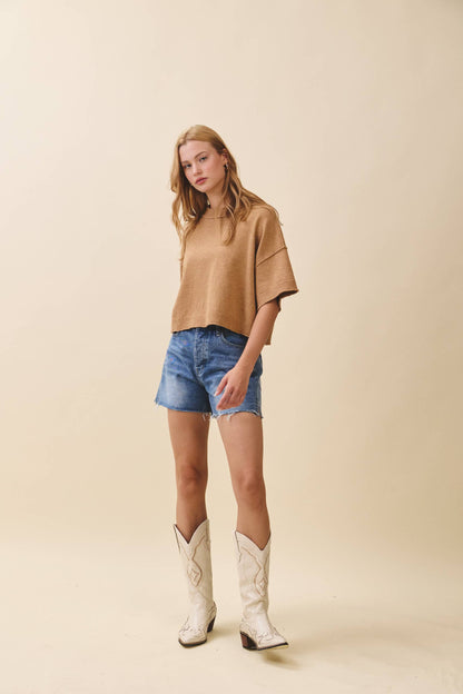 Cropped Short Slv Sweater Camel