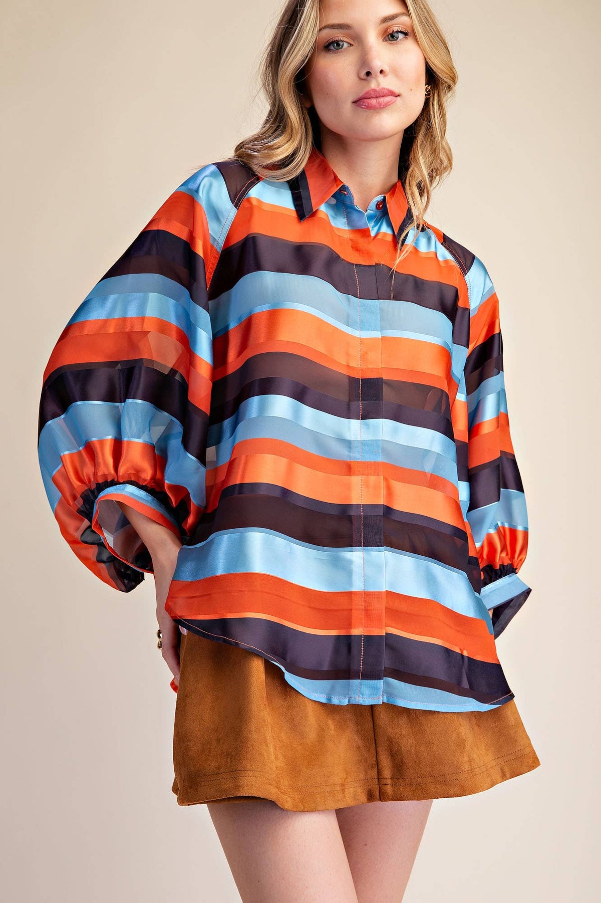 Glam Stripe Balloon Sleeves Shirt Rust