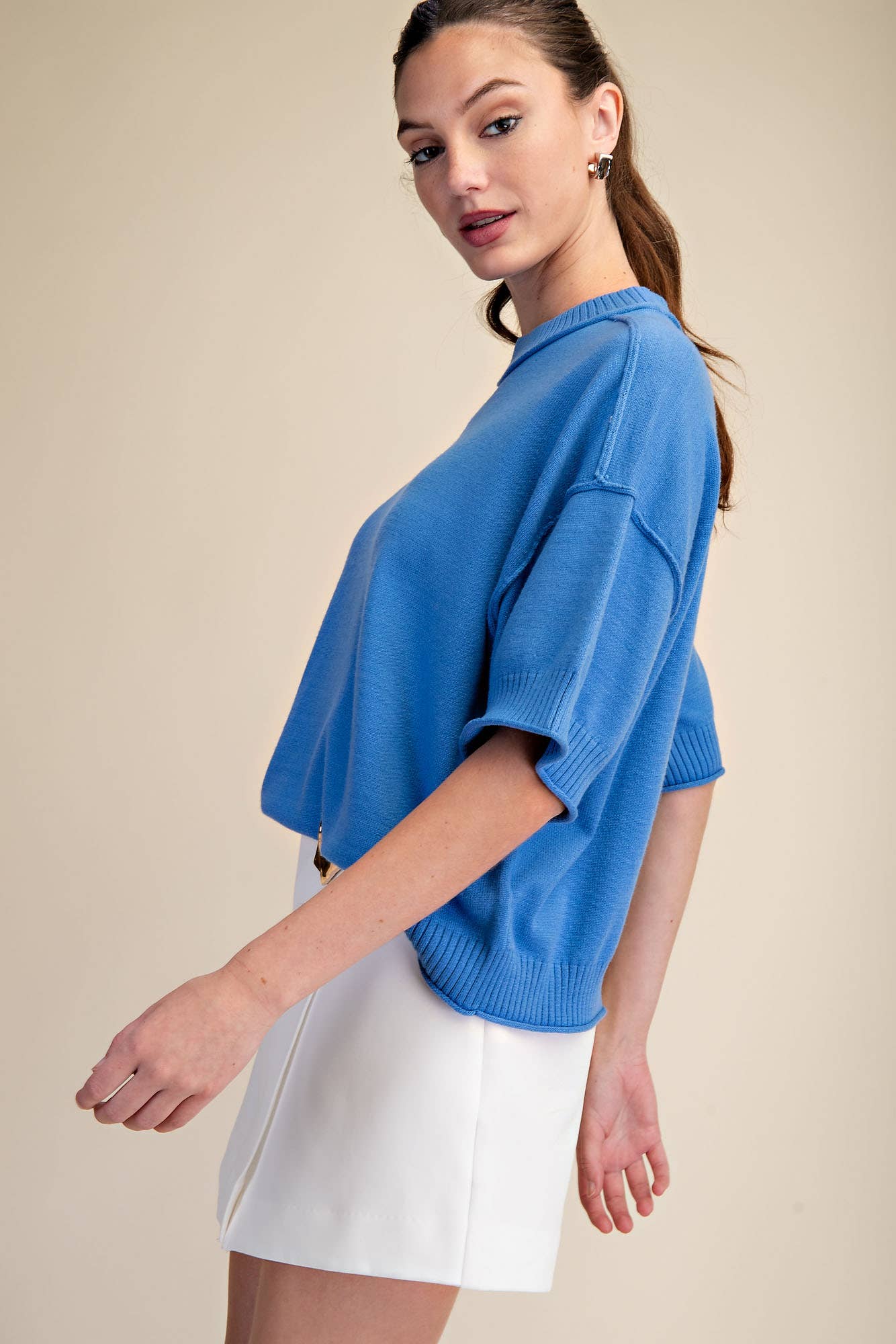 Elbow-Length Sleeve Light Sweater Blue