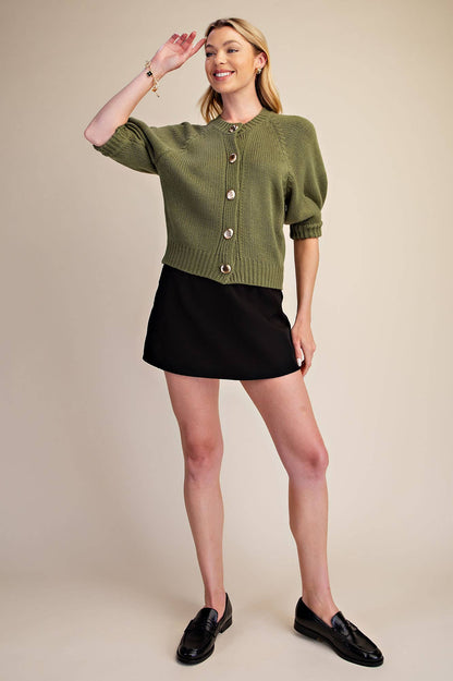 Glam Puff Sleeve Cardigan Olive