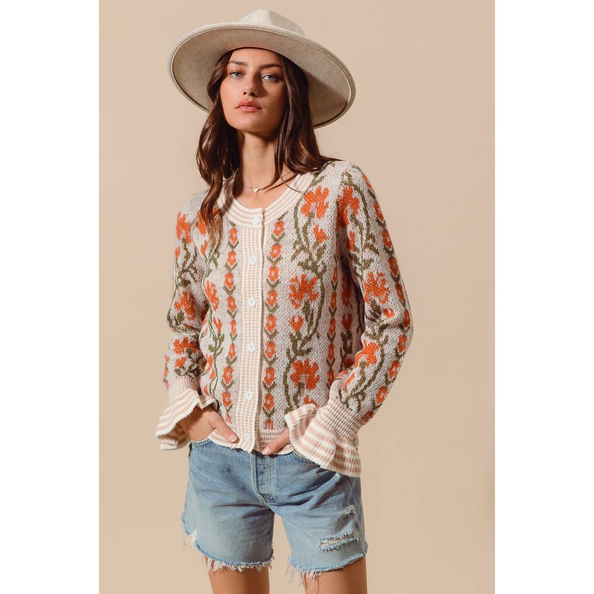 Cream Floral Ruffle Sleeve Cardigan