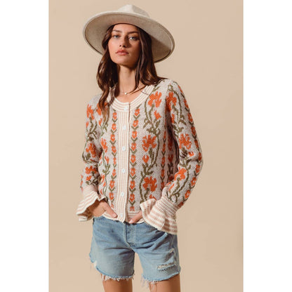 Cream Floral Ruffle Sleeve Cardigan