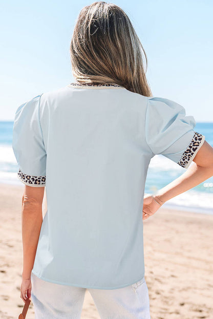 Pale Blue Leopard Trim Puff Sleeve