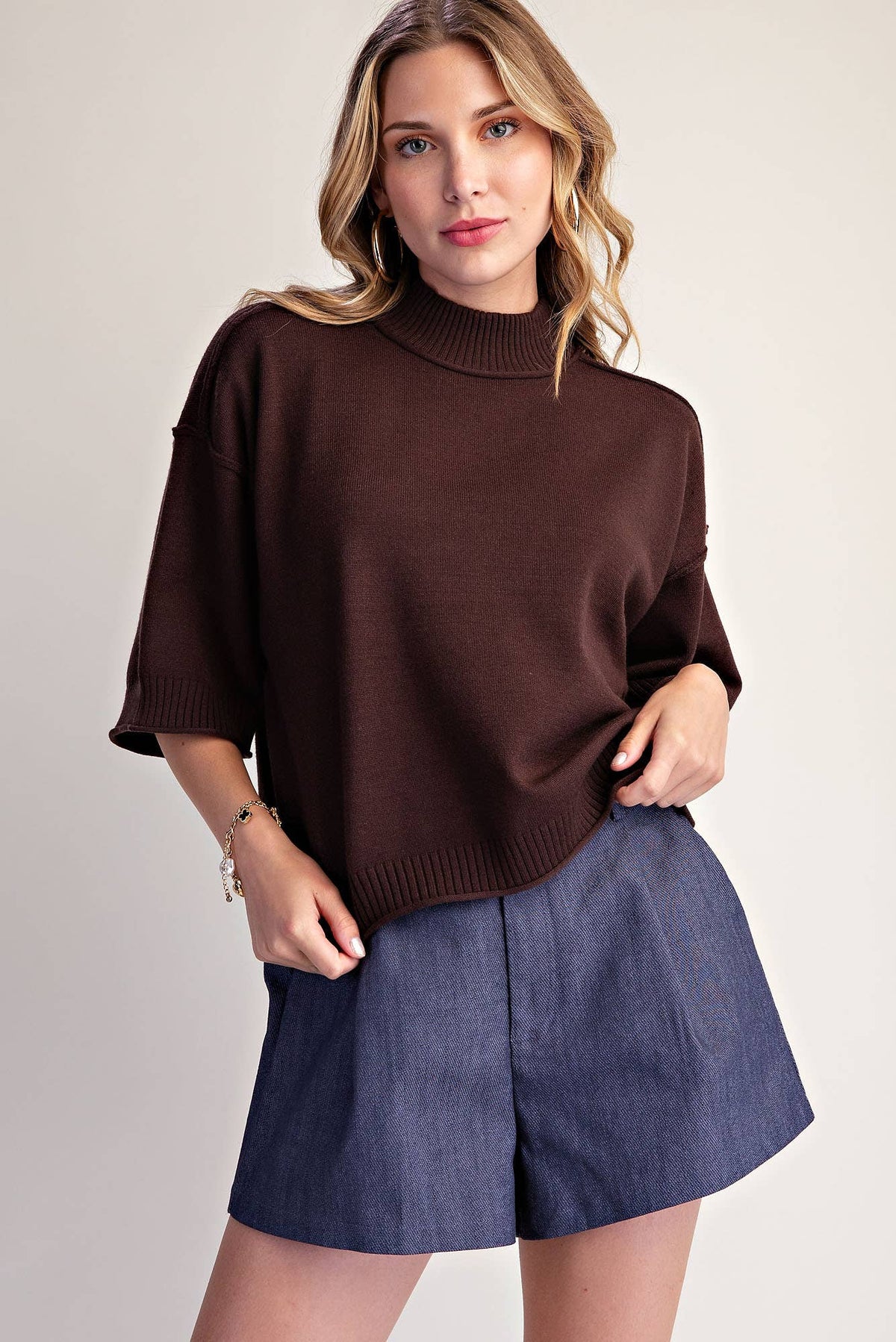 Glam Mockneck 3/4 Sleeve Sweater Brown