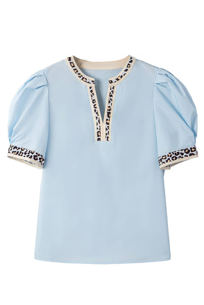 Pale Blue Leopard Trim Puff Sleeve