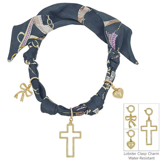 Scarf Necklace Heart, Opem Cross, & Bow Charm