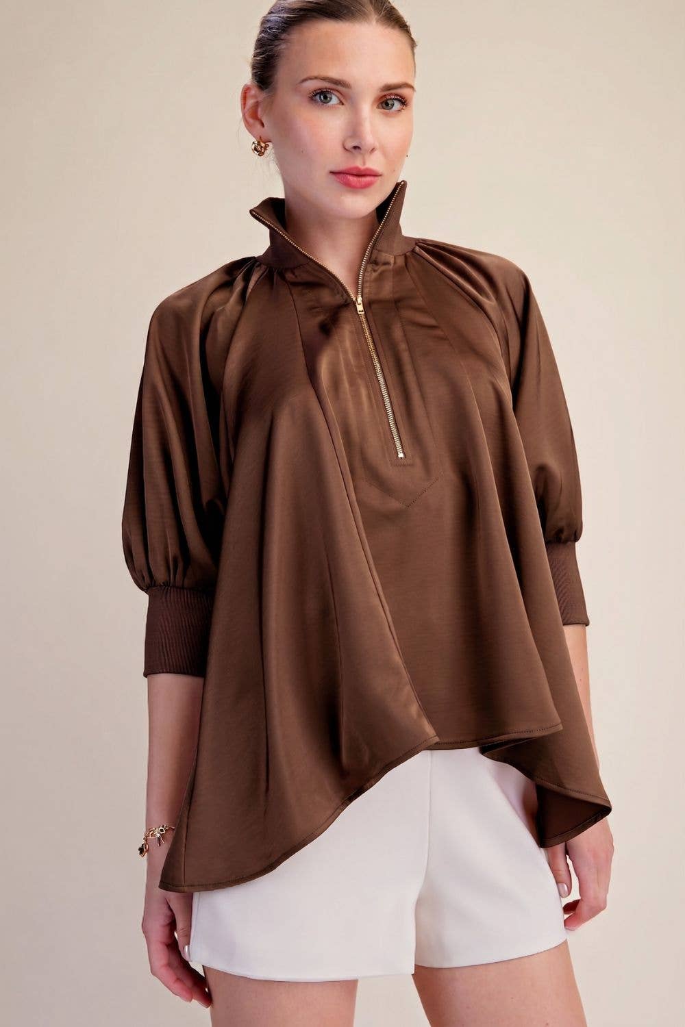 Glam Mock Neck Half Zip Puff Sleeve Brown