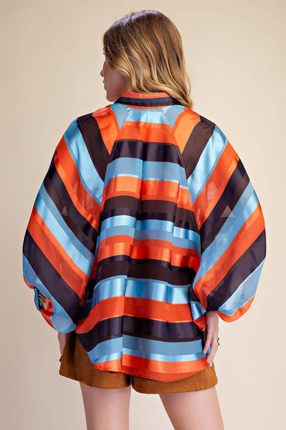 Glam Stripe Balloon Sleeves Shirt Rust
