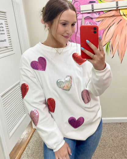 Sequin Heart Corded Sweatshirt