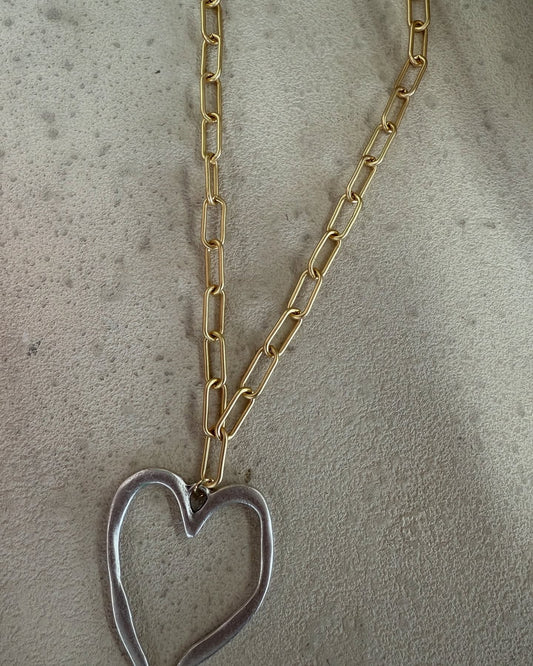 Open Heart Silver on Gold Chain Necklace