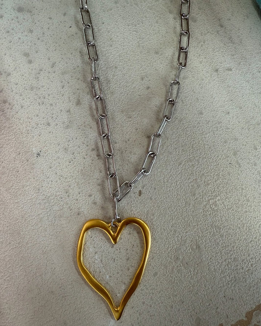 Gold Open Heart on Silver Chain Necklace