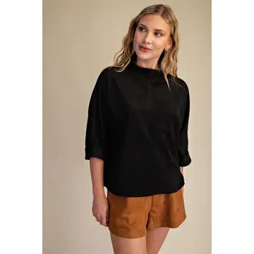 Glam Mock neck 3/4 Trim Top Black