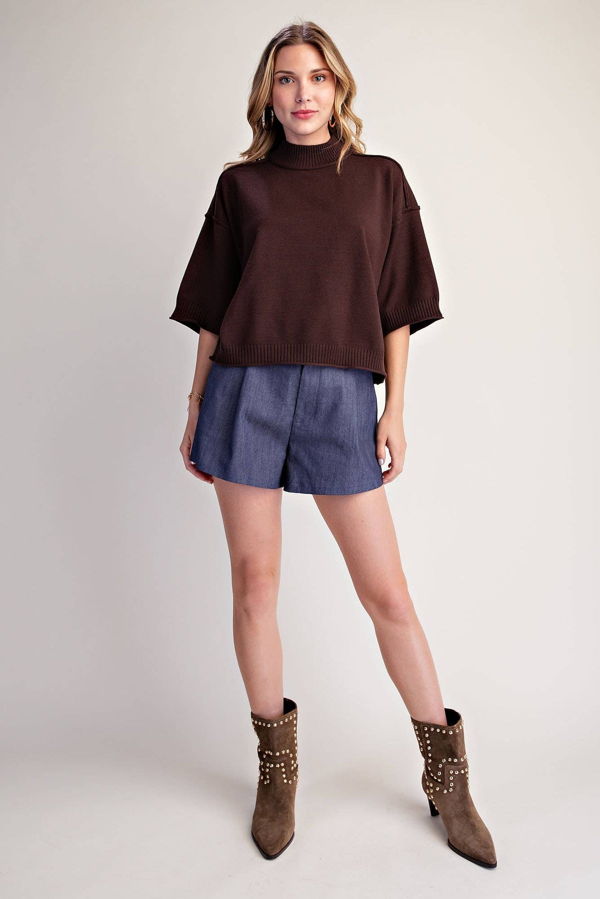 Glam Mockneck 3/4 Sleeve Sweater Brown